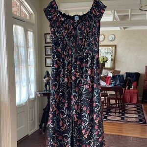 CeCe Black Floral Maxi Dress with Pink and Green Accents NWOT